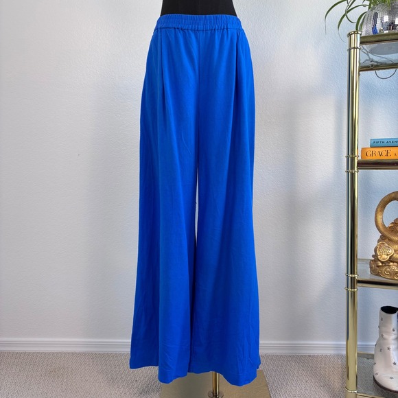 ZARA Linen Blend Wide Leg Palazzo Pants, Size Large, Royal Blue, Elastic Waist - Picture 12 of 16